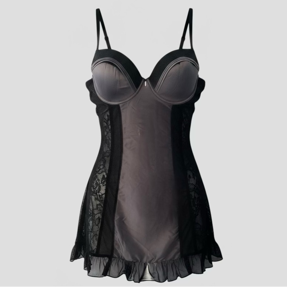 MARILYN MONROE Size L Black Gray Satin Sheer Shaper Nightie Chemise Slip